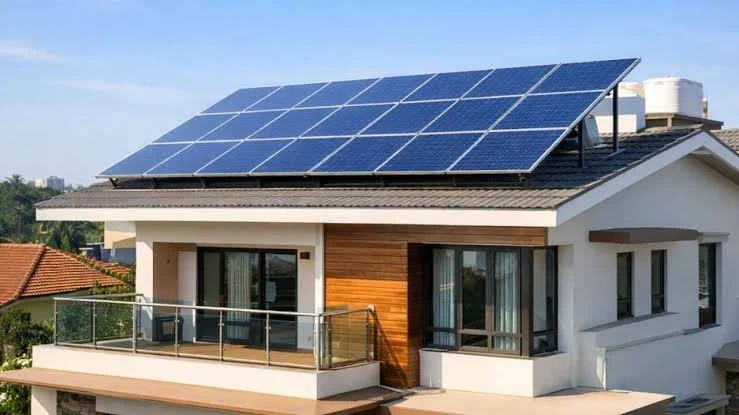 Modern home with a rooftop solar array
