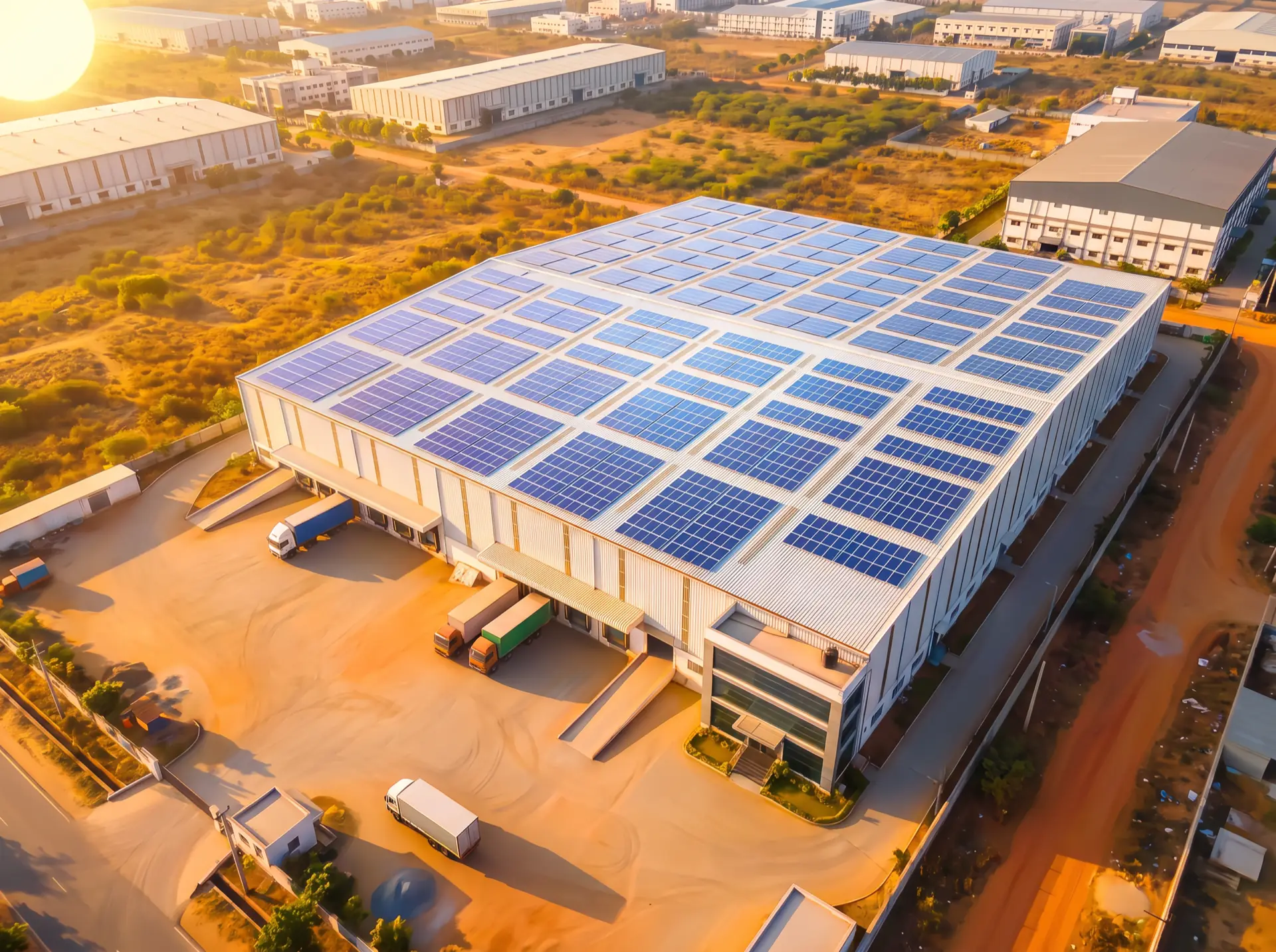 Commercial building with a large rooftop solar plant