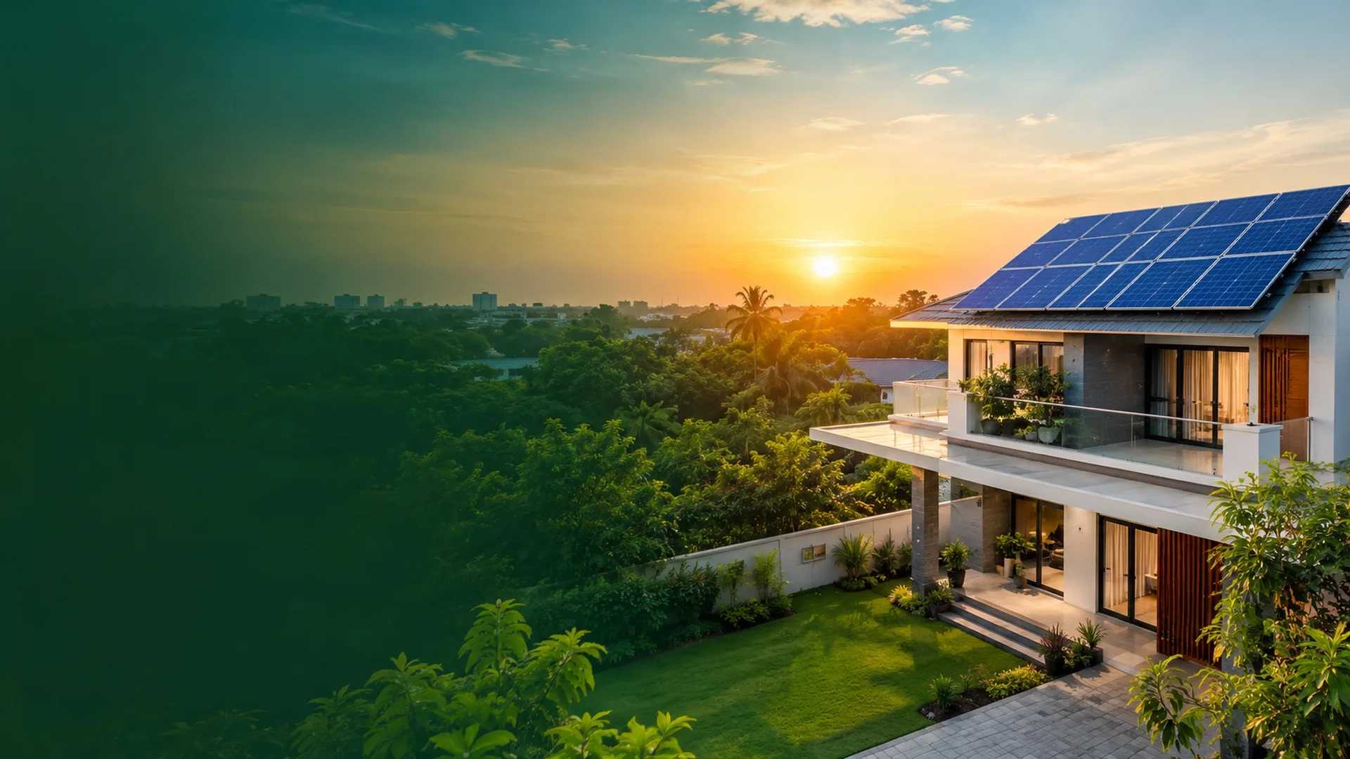 Home with rooftop solar panels at sunset