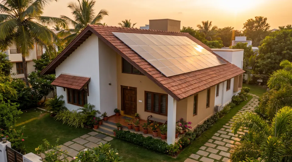 House with a sloping tiled roof and rooftop solar panels at sunset